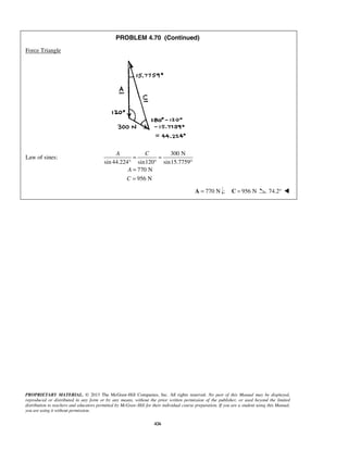 PROBLEM 4.70 (Continued) 
A C 
= = 
° ° ° 
= 
= 
PROPRIETARY MATERIAL. © 2013 The McGraw-Hill Companies, Inc. All rights reserved. No part of this Manual may be displayed, 
reproduced or distributed in any form or by any means, without the prior written permission of the publisher, or used beyond the limited 
distribution to teachers and educators permitted by McGraw-Hill for their individual course preparation. If you are a student using this Manual, 
you are using it without permission. 
426 
Force Triangle 
Law of sines: 
300 N 
sin 44.224 sin120 sin15.7759 
770 N 
956 N 
A 
C 
A = 770 N ; C = 956 N 74.2°  
 