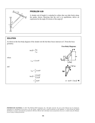 PROBLEM 4.89 
A slender rod of length L is attached to collars that can slide freely along 
the guides shown. Knowing that the rod is in equilibrium, derive an 
expression for the angle θ in terms of the angle β. 
SOLUTION 
As shown in the free-body diagram of the slender rod AB, the three forces intersect at C. From the force 
geometry: 
2 GB x = L θ 
L 
L 
PROPRIETARY MATERIAL. © 2013 The McGraw-Hill Companies, Inc. All rights reserved. No part of this Manual may be displayed, 
reproduced or distributed in any form or by any means, without the prior written permission of the publisher, or used beyond the limited 
distribution to teachers and educators permitted by McGraw-Hill for their individual course preparation. If you are a student using this Manual, 
you are using it without permission. 
446 
Free-Body Diagram: 
tan GB 
AB 
x 
y 
β = 
where 
yAB = Lcosθ 
and 
1 
sin 
1 
2 sin 
tan 
cos 
1 
tan 
2 
θ 
β 
θ 
θ 
= 
= or tanθ = 2 tanβ  
 