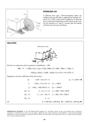 PROBLEM 4.91 
A 200-mm lever and a 240-mm-diameter pulley are 
welded to the axle BE that is supported by bearings at C 
and D. If a 720-N vertical load is applied at A when the 
lever is horizontal, determine (a) the tension in the cord, 
(b) the reactions at C and D. Assume that the bearing 
at D does not exert any axial thrust. 
PROPRIETARY MATERIAL. © 2013 The McGraw-Hill Companies, Inc. All rights reserved. No part of this Manual may be displayed, 
reproduced or distributed in any form or by any means, without the prior written permission of the publisher, or used beyond the limited 
distribution to teachers and educators permitted by McGraw-Hill for their individual course preparation. If you are a student using this Manual, 
you are using it without permission. 
448 
SOLUTION 
Dimensions in mm 
We have six unknowns and six equations of equilibrium. —OK 
0: ( 120 ΣMC = − k)× (Dxi + Dy j) + (120j −160k)×T i + (80k − 200i)× (−720j) = 0 
120 120 120 160 57.6 103 144 103 0 − Dx j + Dyi − Tk − Tj + × i + × k = 
Equating to zero the coefficients of the unit vectors: 
k: −120T +144×103 = 0 (a) T =1200 N  
i: 120 57.6 103 0 480 N Dy + × = Dy = − 
: 120 160(1200 N) 0 x j − D − = 1600 N x D = − 
0: x ΣF = 0 x x C + D + T = 1600 1200 400 N x C= − = 
0: ΣFy = 720 0 Cy + Dy − = 480 720 1200 N Cy = + = 
0: z ΣF = 0 z C = 
(b) C = (400 N)i + (1200 N)j; D = −(1600 N)i − (480 N)j  
 