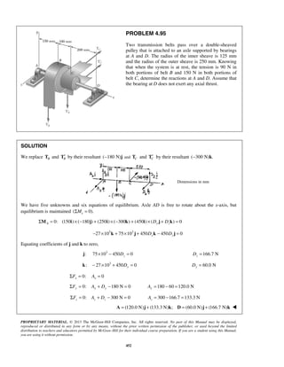 PROBLEM 4.95 
Two transmission belts pass over a double-sheaved 
pulley that is attached to an axle supported by bearings 
at A and D. The radius of the inner sheave is 125 mm 
and the radius of the outer sheave is 250 mm. Knowing 
that when the system is at rest, the tension is 90 N in 
both portions of belt B and 150 N in both portions of 
belt C, determine the reactions at A and D. Assume that 
the bearing at D does not exert any axial thrust. 
SOLUTION 
We replace B T and BT′ by their resultant (−180 N)j and C T and C ′ 
PROPRIETARY MATERIAL. © 2013 The McGraw-Hill Companies, Inc. All rights reserved. No part of this Manual may be displayed, 
reproduced or distributed in any form or by any means, without the prior written permission of the publisher, or used beyond the limited 
distribution to teachers and educators permitted by McGraw-Hill for their individual course preparation. If you are a student using this Manual, 
you are using it without permission. 
452 
T by their resultant (−300 N)k. 
Dimensions in mm 
We have five unknowns and six equations of equilibrium. Axle AD is free to rotate about the x-axis, but 
equilibrium is maintained ( 0). x ΣM = 
0: (150 ) ( 180 ) (250 ) ( 300 ) (450 ) ( ) 0 ΣMA = i × − j + i × − k + i × Dy j + Dzk = 
27 103 75 103 450 450 0 − × k + × j + Dyk − Dz j = 
Equating coefficients of j and k to zero, 
j: 75 103 450 0 z × − D = 166.7 N z D = 
: 27 103 450 0 k − × + Dy = 60.0 N Dy = 
0: x ΣF = 0 x A = 
0: 180 N 0 ΣFy = Ay + Dy − = 180 60 120.0 N Ay = − = 
0: 300 N 0 z z z ΣF = A + D − = 300 166.7 133.3 N z A= − = 
A = (120.0 N)j + (133.3 N)k; D = (60.0 N)j + (166.7 N)k  
 