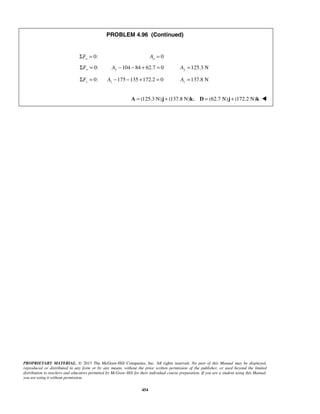 PROBLEM 4.96 (Continued) 
ΣFx = 0: 0 x A = 
0: ΣFy = 104 84 62.7 0 Ay − − + = 125.3 N Ay = 
0: z ΣF = 175 135 172.2 0 z A− − + = 137.8 N z A = 
A = (125.3 N)j + (137.8 N)k; D = (62.7 N)j + (172.2 N)k  
PROPRIETARY MATERIAL. © 2013 The McGraw-Hill Companies, Inc. All rights reserved. No part of this Manual may be displayed, 
reproduced or distributed in any form or by any means, without the prior written permission of the publisher, or used beyond the limited 
distribution to teachers and educators permitted by McGraw-Hill for their individual course preparation. If you are a student using this Manual, 
you are using it without permission. 
454 
 