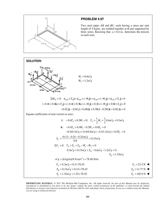PROBLEM 4.97 
Two steel pipes AB and BC, each having a mass per unit 
length of 8 kg/m, are welded together at B and supported by 
three wires. Knowing that a = 0.4 m, determine the tension 
in each wire. 
= ′ 
= ′ 
1 1 
i : − 0.6 T + 0.3 W = 0; T = W = 0.6 m′g = 0.3 
m′g 
A A 2 2 − − ′ ′ = = 
′ + ′ + − ′ − ′ = 
m g m g T m g m g 
T mg 
PROPRIETARY MATERIAL. © 2013 The McGraw-Hill Companies, Inc. All rights reserved. No part of this Manual may be displayed, 
reproduced or distributed in any form or by any means, without the prior written permission of the publisher, or used beyond the limited 
distribution to teachers and educators permitted by McGraw-Hill for their individual course preparation. If you are a student using this Manual, 
you are using it without permission. 
455 
SOLUTION 
1 
2 
0.6 
1.2 
W mg 
W mg 
/ / 1 / 2 / 0: ( ) ( ) 0 D A D A E D F D C D C ΣM = r ×T j + r × −W j + r × −W j + r ×T j = 
1 2 ( 0.4 0.6 ) ( 0.4 0.3 ) ( ) 0.2 ( ) 0.8 0 A C − i + k ×T j + − i + k × −W j + i × −W j + i ×T j = 
1 1 2 0.4 0.6 0.4 0.3 0.2 0.8 0 A A C − T k − T i + W k + W i − W k + T k = 
Equate coefficients of unit vectors to zero: 
1 1 
1 2 : 0.4 0.4 0.2 0.8 0 A C k − T + W − W + T = 
0.4(0.3 ) 0.4(0.6 ) 0.2(1.2 ) 0.8 0 C − m′g + m′g − m′g + T = 
(0.12 0.24 0.24) 
0.15 
0.8 C 
m g 
T mg 
0: 1 2 0 ΣFy = TA + TC + TD −W −W = 
0.3 0.15 0.6 1.2 0 
1.35 
D 
D 
= ′ 
m′g = (8 kg/m)(9.81m/s2 ) = 78.48 N/m 
0.3 0.3 78.45 AT = m′g = × 23.5 N A T =  
0.15 0.15 78.45 BT = m′g = × 11.77 N B T =  
1.35 1.35 78.45 CT = m′g = × 105.9 N C T =  
 