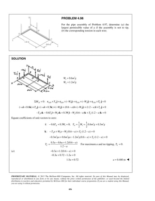 PROBLEM 4.98 
For the pipe assembly of Problem 4.97, determine (a) the 
largest permissible value of a if the assembly is not to tip, 
(b) the corresponding tension in each wire. 
= ′ 
= ′ 
1 1 
i : − 0.6 T + 0.3 W = 0; T = W = 0.6 m′g = 0.3 
m′g 
A A 2 2 = − + − 
a a a 
T 
− a + − a 
= 
− a + − a 
= 
PROPRIETARY MATERIAL. © 2013 The McGraw-Hill Companies, Inc. All rights reserved. No part of this Manual may be displayed, 
reproduced or distributed in any form or by any means, without the prior written permission of the publisher, or used beyond the limited 
distribution to teachers and educators permitted by McGraw-Hill for their individual course preparation. If you are a student using this Manual, 
you are using it without permission. 
456 
SOLUTION 
1 
2 
0.6 
1.2 
W mg 
W mg 
/ / 1 / 2 / 0: ( ) ( ) 0 D A D A E D F D C D C ΣM = r ×T j + r × −W j + r × −W j + r ×T j = 
1 2 ( 0.6 ) ( 0.3 ) ( ) (0.6 ) ( ) (1.2 ) 0 A C −ai + k ×T j + −ai + k × −W j + − a i × −W j + − a i ×T j = 
1 1 2 0.6 0.3 (0.6 ) (1.2 ) 0 A A C −T ak − T i +W ak + W i −W − a k + T − a k = 
Equate coefficients of unit vectors to zero: 
1 1 
1 2 : (0.6 ) (1.2 ) 0 A C k −T a +W a −W − a + T − a = 
0.3 0.6 1.2 (0.6 ) (1.2 ) 0 C − m′ga + m′ga − m′g − a + T − a = 
0.3 0.6 1.2(0.6 ) 
1.2 C 
a 
− 
For maximum a and no tipping, 0. C T = 
(a) 0.3 1.2(0.6 ) 0 
0.3 0.72 1.2 0 
1.5a = 0.72 a = 0.480 m  
 