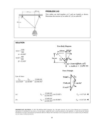 PROBLEM 2.43 
Two cables are tied together at C and are loaded as shown. 
Determine the tension (a) in cable AC, (b) in cable BC. 
TAC TBC = = 
° ° ° 
sin108.492 AC T= ° 
sin108.492 BC T= ° 
PROPRIETARY MATERIAL. © 2013 The McGraw-Hill Companies, Inc. All rights reserved. No part of this Manual may be displayed, 
reproduced or distributed in any form or by any means, without the prior written permission of the publisher, or used beyond the limited 
distribution to teachers and educators permitted by McGraw-Hill for their individual course preparation. If you are a student using this Manual, 
you are using it without permission. 
45 
SOLUTION 
Free-Body Diagram 
1100 
tan 
960 
48.888 
400 
tan 
960 
22.620 
α 
α 
β 
β 
= 
= ° 
= 
= ° 
Force Triangle 
Law of sines: 
15.696 kN 
sin 22.620 sin 48.888 sin108.492 
(a) 
15.696 kN 
(sin 22.620 ) 
° 
6.37 kN AC T =  
(b) 
15.696 kN 
(sin 48.888 ) 
° 
12.47 kN BC T =  
 