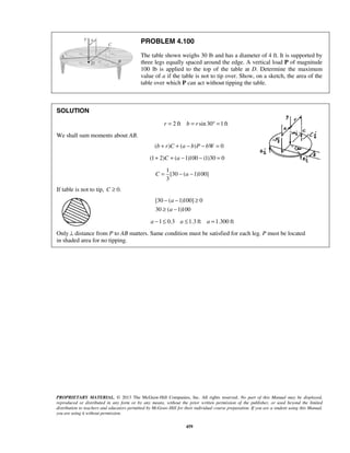 PROBLEM 4.100 
The table shown weighs 30 lb and has a diameter of 4 ft. It is supported by 
three legs equally spaced around the edge. A vertical load P of magnitude 
100 lb is applied to the top of the table at D. Determine the maximum 
value of a if the table is not to tip over. Show, on a sketch, the area of the 
table over which P can act without tipping the table. 
− − ≥ 
≥ − 
PROPRIETARY MATERIAL. © 2013 The McGraw-Hill Companies, Inc. All rights reserved. No part of this Manual may be displayed, 
reproduced or distributed in any form or by any means, without the prior written permission of the publisher, or used beyond the limited 
distribution to teachers and educators permitted by McGraw-Hill for their individual course preparation. If you are a student using this Manual, 
you are using it without permission. 
459 
SOLUTION 
r = 2 ft b = r sin 30° =1 ft 
We shall sum moments about AB. 
(b + r)C + (a − b)P − bW = 0 
(1+ 2)C + (a −1)100 − (1)30 = 0 
1 
[30 ( 1)100] 
3 
C = − a − 
If table is not to tip, C ≥ 0. 
[30 ( 1)100] 0 
30 ( 1)100 
a 
a 
a −1≤ 0.3 a ≤1.3 ft a =1.300 ft 
Only⊥ distance from P to AB matters. Same condition must be satisfied for each leg. P must be located 
in shaded area for no tipping. 
 