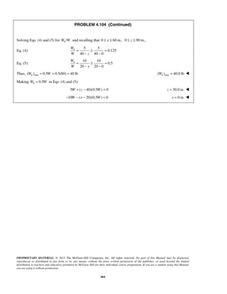 PROBLEM 4.104 (Continued) 
Solving Eqs. (4) and (5) for Wb /W and recalling that 0 ≤ x ≤ 60 in., 0 ≤ z ≤ 90 in., 
Wb 
W z 
= ≥ = 
− − 
Wb 
W x 
= ≥ = 
− − 
PROPRIETARY MATERIAL. © 2013 The McGraw-Hill Companies, Inc. All rights reserved. No part of this Manual may be displayed, 
reproduced or distributed in any form or by any means, without the prior written permission of the publisher, or used beyond the limited 
distribution to teachers and educators permitted by McGraw-Hill for their individual course preparation. If you are a student using this Manual, 
you are using it without permission. 
464 
Eq. (4): 
5 5 
0.125 
40 40 0 
Eq. (5): 
10 10 
0.5 
20 20 0 
Thus, min ( ) 0.5 0.5(80) 40 lb b W = W = = min ( ) 40.0lb b W =  
Making 0.5 bW = W in Eqs. (4) and (5): 
5W + (z − 40)(0.5W) = 0 z = 30.0 in.  
−10W − (x − 20)(0.5W) = 0 x = 0 in.  
 