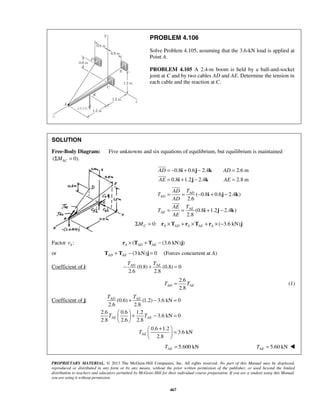 PROBLEM 4.106 
Solve Problem 4.105, assuming that the 3.6-kN load is applied at 
Point A. 
PROBLEM 4.105 A 2.4-m boom is held by a ball-and-socket 
joint at C and by two cables AD and AE. Determine the tension in 
each cable and the reaction at C. 
SOLUTION 
Free-Body Diagram: Five unknowns and six equations of equilibrium, but equilibrium is maintained 
(ΣMAC = 0). 
= − + − = 
= + − = 
0.8 0.6 2.4 2.6 m 
0.8 1.2 2.4 2.8 m 
AD AD 
AE AE 
= = AD 
− + − 
= = + − 
TAD TAE − + = 
+ − = 
  + − =   
  
PROPRIETARY MATERIAL. © 2013 The McGraw-Hill Companies, Inc. All rights reserved. No part of this Manual may be displayed, 
reproduced or distributed in any form or by any means, without the prior written permission of the publisher, or used beyond the limited 
distribution to teachers and educators permitted by McGraw-Hill for their individual course preparation. If you are a student using this Manual, 
you are using it without permission. 
467 
i j k 
i j k 
 
 
( 0.8 0.6 2.4 ) 
2.6 
(0.8 1.2 2.4 ) 
2.8 
AD 
AE 
AE 
AD T 
T 
AD 
AE T 
T 
AE 
i j k 
i j k 
 
 
0: ( 3.6 kN) C A AD A AE A ΣM = r ×T + r ×T + r × − j 
Factor : A r ( (3.6 kN) ) A AD AE r × T + T − j 
or (3 kN) 0 AD AE T + T − j = (Forces concurrent at A) 
Coefficient of i: (0.8) (0.8) 0 
2.6 2.8 
2.6 
2.8 AD AE T = T (1) 
Coefficient of j: (0.6) (1.2) 3.6 kN 0 
2.6 2.8 
2.6 0.6 1.2 
3.6 kN 0 
2.8 2.6 2.8 
0.6 1.2 
3.6 kN 
2.8 
AD AE 
AE AE 
AE 
T T 
T T 
T 
 +  =   
  
5.600 kN AE T = 5.60 kN AE T =  
 