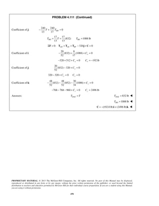 PROBLEM 4.111 (Continued) 
13 13 BD BD T = T = T = 
52 17 x − + + C = 
320 512 0 192 lb x x − + + C = C = − 
52 y − + C = 
52 52 34 z − − − + C = 
PROPRIETARY MATERIAL. © 2013 The McGraw-Hill Companies, Inc. All rights reserved. No part of this Manual may be displayed, 
reproduced or distributed in any form or by any means, without the prior written permission of the publisher, or used beyond the limited 
distribution to teachers and educators permitted by McGraw-Hill for their individual course preparation. If you are a student using this Manual, 
you are using it without permission. 
478 
Coefficient of j: 
240 240 
0 
13 17 − T + TBD = 
17 17 
(832) 1088 lb 
0: 320 0 AD AE BF ΣF = T + T + T − j + C = 
Coefficient of i: 
20 8 
(832) (1088) 0 
Coefficient of j: 
20 
(832) 320 0 
320 320 0 0 − + Cy = Cy = 
Coefficient of k: 
48 48 30 
(832) (852) (1088) 0 
768 768 960 0 2496 lb z z − − − + C = C = 
Answers: DAE T = T 832 lb DAE T =  
1088 lb BD T =  
C = −(192.0 lb)i + (2496 lb)k  
 