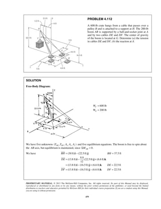 PROBLEM 4.112 
A 600-lb crate hangs from a cable that passes over a 
pulley B and is attached to a support at H. The 200-lb 
boom AB is supported by a ball-and-socket joint at A 
and by two cables DE and DF. The center of gravity 
of the boom is located at G. Determine (a) the tension 
in cables DE and DF, (b) the reaction at A. 
W 
W 
= i − j 
= 
= i − j + 
k 
= i − j + k 
= 
= i − j − k 
= 
 
 
BH BH 
DE 
 
PROPRIETARY MATERIAL. © 2013 The McGraw-Hill Companies, Inc. All rights reserved. No part of this Manual may be displayed, 
reproduced or distributed in any form or by any means, without the prior written permission of the publisher, or used beyond the limited 
distribution to teachers and educators permitted by McGraw-Hill for their individual course preparation. If you are a student using this Manual, 
you are using it without permission. 
479 
SOLUTION 
Free-Body Diagram: 
600 lb 
200 lb 
C 
G 
= 
= 
We have five unknowns (TDE ,TDF, Ax, Ay, Az ) and five equilibrium equations. The boom is free to spin about 
the AB axis, but equilibrium is maintained, since 0. AB ΣM = 
We have (30 ft) (22.5 ft) 37.5 ft 
8.8 
(13.8 ft) (22.5 ft) (6.6 ft) 
12 
(13.8 ft) (16.5 ft) (6.6 ft) DE 
22.5 ft 
(13.8 ft) (16.5 ft) (6.6 ft) 22.5 ft 
DF DF 
 