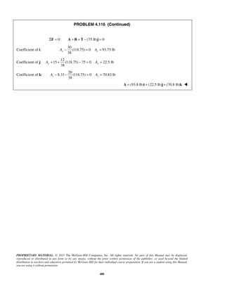 PROBLEM 4.116 (Continued) 
ΣF = 0: A + B + T − (75 lb)j = 0 
38 x x A − = A = 
38 y y A + + − = A = 
38 z z A − − = A = 
PROPRIETARY MATERIAL. © 2013 The McGraw-Hill Companies, Inc. All rights reserved. No part of this Manual may be displayed, 
reproduced or distributed in any form or by any means, without the prior written permission of the publisher, or used beyond the limited 
distribution to teachers and educators permitted by McGraw-Hill for their individual course preparation. If you are a student using this Manual, 
you are using it without permission. 
488 
Coefficient of i: 
30 
(118.75) 0 93.75 lb 
Coefficient of j: 
12 
15 (118.75) 75 0 22.5 lb 
Coefficient of k: 
20 
8.33 (118.75) 0 70.83 lb 
 A = (93.8 lb)i + (22.5 lb)j + (70.8 lb)k  
 