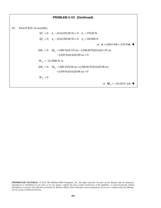 PROBLEM 4.121 (Continued) 
Σ = + − 
− = 
Ax M = − ⋅ 
z Az ΣM = M − + 
+ = 
PROPRIETARY MATERIAL. © 2013 The McGraw-Hill Companies, Inc. All rights reserved. No part of this Manual may be displayed, 
reproduced or distributed in any form or by any means, without the prior written permission of the publisher, or used beyond the limited 
distribution to teachers and educators permitted by McGraw-Hill for their individual course preparation. If you are a student using this Manual, 
you are using it without permission. 
496 
(b) From F.B.D. of assembly: 
Σ = 0: − (0.6)(450.00 N) = 0 = 270.00 N z z z F A A 
Σ = 0: − (0.8)(200.00 N) = 0 =160.000 N x x x F A A 
or A = (160.0 N)i + (270 N)k  
0: (480 N)(0.135 m) [(200.00 N)(0.6)](0.135 m) 
[(450 N)(0.8)](0.09 m) 0 
x Ax M M 
16.2000 N m 
0: (480 N)(0.08 m) [(200.00 N)(0.6)](0.08 m) 
[(450 N)(0.8)](0.08 m) 0 
0 
Az M = 
or (16.20 N m) A M = − ⋅ i  
 