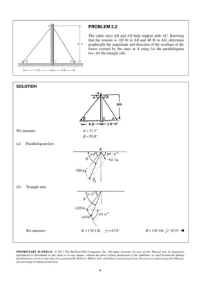 PROBLEM 2.2 
The cable stays AB and AD help support pole AC. Knowing 
that the tension is 120 lb in AB and 40 lb in AD, determine 
graphically the magnitude and direction of the resultant of the 
forces exerted by the stays at A using (a) the parallelogram 
law, (b) the triangle rule. 
PROPRIETARY MATERIAL. © 2013 The McGraw-Hill Companies, Inc. All rights reserved. No part of this Manual may be displayed, 
reproduced or distributed in any form or by any means, without the prior written permission of the publisher, or used beyond the limited 
distribution to teachers and educators permitted by McGraw-Hill for their individual course preparation. If you are a student using this Manual, 
you are using it without permission. 
4 
SOLUTION 
We measure: 51.3 
59.0 
α 
β 
= ° 
= ° 
(a) Parallelogram law: 
(b) Triangle rule: 
We measure: R = 139.1 lb, γ = 67.0° R =139.1 lb 67.0°  
 
 