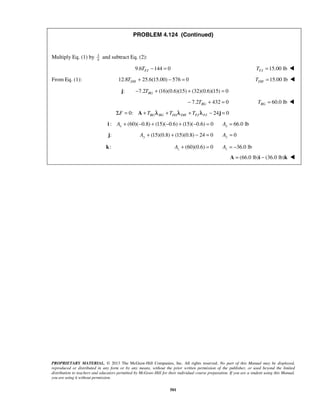 PROBLEM 4.124 (Continued) 
PROPRIETARY MATERIAL. © 2013 The McGraw-Hill Companies, Inc. All rights reserved. No part of this Manual may be displayed, 
reproduced or distributed in any form or by any means, without the prior written permission of the publisher, or used beyond the limited 
distribution to teachers and educators permitted by McGraw-Hill for their individual course preparation. If you are a student using this Manual, 
you are using it without permission. 
501 
Multiply Eq. (1) by 34 
and subtract Eq. (2): 
9.6 144 0 FJ T − = 15.00 lb FJ T =  
From Eq. (1): 12.8 25.6(15.00) 576 0 DH T + − = 15.00 lb DH T =  
j: 7.2 (16)(0.6)(15) (32)(0.6)(15) 0 BG − T + + = 
7.2 432 0 BG − T + = 60.0 lb BG T =  
0: 24 0 BG BG DA DH FJ FJ ΣF = A + T λ + T λ + T λ − j = 
: (60)( 0.8) (15)( 0.6) (15)( 0.6) 0 x i A + − + − + − = 66.0 lb x A = 
j: (15)(0.8) (15)(0.8) 24 0 Ay + + − = 0 Ay = 
k: (60)(0.6) 0 z A+ = 36.0 lb z A = − 
A = (66.0 lb)i − (36.0 lb)k  
 