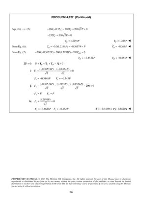 PROBLEM 4.127 (Continued) 
Eqs. (6) (5): −160(−0.3TC ) − 280TC + 200 2P = 0 
232 200 2 0 C− T + P = 
1.2191 CT = P 1.219 CT = P  
From Eq. (6): 0.3(1.2191 ) 0.36574 BT = − P = − = P 0.366 BT = − P  
From Eq. (2): 200( 0.3657 ) 200(1.2191 ) 200 0 D − − P − P − Tθ = 
− P − P 
i F 
+ − = 
− P P − P 
j F 
− − − − = 
PROPRIETARY MATERIAL. © 2013 The McGraw-Hill Companies, Inc. All rights reserved. No part of this Manual may be displayed, 
reproduced or distributed in any form or by any means, without the prior written permission of the publisher, or used beyond the limited 
distribution to teachers and educators permitted by McGraw-Hill for their individual course preparation. If you are a student using this Manual, 
you are using it without permission. 
506 
0.8534 DT = − P 0.853 DT = − P  
ΣF = 0: 0 B C D F + T + T + T − Pj = 
( 0.36574 ) ( 0.8534 ) 
: 0 
2 2 x 
0.3448 0.345 x x F = − P F = − P 
( 0.36574 ) (1.2191 ) ( 0.8534 ) 
: 200 0 
2 2 2 y 
Fy = P Fy = P 
(1.2191 ) 
: 0 
2 z 
P 
k F + = 
0.8620 0.862 z z F = − P F = − P F = −0.345Pi + Pj − 0.862Pk  
 