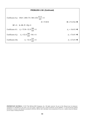 PROBLEM 4.128 (Continued) 
j B − × + × = 
425 x A+ − = 36.8 N x A = −  
425 y A+ − = 73.6 N Ay =  
425 z A− = 27.6 N z A =  
PROPRIETARY MATERIAL. © 2013 The McGraw-Hill Companies, Inc. All rights reserved. No part of this Manual may be displayed, 
reproduced or distributed in any form or by any means, without the prior written permission of the publisher, or used beyond the limited 
distribution to teachers and educators permitted by McGraw-Hill for their individual course preparation. If you are a student using this Manual, 
you are using it without permission. 
508 
Coefficient of 
52.12 
: 150 (300 75 300 225) 0 
425 
B = 73.58 N B = (73.6 N)i  
ΣF = 0: A + B + T −Wj = 0 
Coefficient of i: 
300 
73.58 52.15 0 
Coefficient of j: 
200 
52.15 98.1 0 
Coefficient of k: 
225 
52.15 0 
 