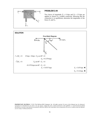 PROBLEM 2.49 
Two forces of magnitude TA = 8 kips and TB = 15 kips are 
applied as shown to a welded connection. Knowing that the 
connection is in equilibrium, determine the magnitudes of the 
forces TC and TD. 
T 
T = 5.87 kips C T  
PROPRIETARY MATERIAL. © 2013 The McGraw-Hill Companies, Inc. All rights reserved. No part of this Manual may be displayed, 
reproduced or distributed in any form or by any means, without the prior written permission of the publisher, or used beyond the limited 
distribution to teachers and educators permitted by McGraw-Hill for their individual course preparation. If you are a student using this Manual, 
you are using it without permission. 
51 
SOLUTION 
Free-Body Diagram 
0 1 ΣFx = 5 kips − 8 kips − TD cos 40° = 0 
9.1379 kips D T = 
0 ΣFy = sin 40 0 D C T ° − T = 
(9.1379 kips) sin 40 0 
5.8737 kips 
° − = 
= 
C 
C 
9.14 kips D T =  
 