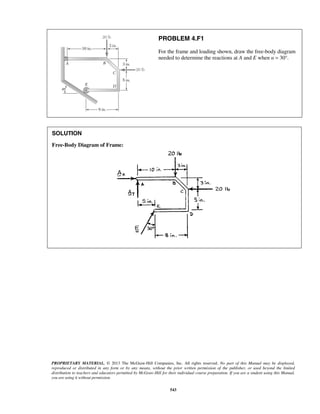 PROBLEM 4.F1 
For the frame and loading shown, draw the free-body diagram 
needed to determine the reactions at A and E when α = 30°. 
PROPRIETARY MATERIAL. © 2013 The McGraw-Hill Companies, Inc. All rights reserved. No part of this Manual may be displayed, 
reproduced or distributed in any form or by any means, without the prior written permission of the publisher, or used beyond the limited 
distribution to teachers and educators permitted by McGraw-Hill for their individual course preparation. If you are a student using this Manual, 
you are using it without permission. 
543 
SOLUTION 
Free-Body Diagram of Frame: 
 
 
 