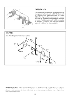 PROBLEM 4.F6 
Two transmission belts pass over sheaves welded to an 
axle supported by bearings at B and D. The sheave at A 
has a radius of 2.5 in. and the sheave at C has a radius 
of 2 in. Knowing that the system rotates at a constant 
rate, draw the free-body diagram needed to determine 
the tension T and the reactions at B and D. Assume that 
the bearing at D does not exert any axial thrust and 
neglect the weights of the sheaves and axle. 
PROPRIETARY MATERIAL. © 2013 The McGraw-Hill Companies, Inc. All rights reserved. No part of this Manual may be displayed, 
reproduced or distributed in any form or by any means, without the prior written permission of the publisher, or used beyond the limited 
distribution to teachers and educators permitted by McGraw-Hill for their individual course preparation. If you are a student using this Manual, 
you are using it without permission. 
548 
SOLUTION 
Free-Body Diagram of axle-sheave system: 
 
 