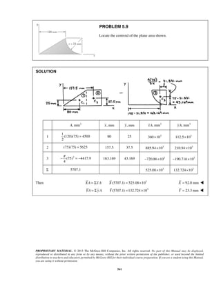PROBLEM 5.9 
Locate the centroid of the plane area shown. 
−π = − 163.169 43.169 −720.86×103 −190.716×103 
PROPRIETARY MATERIAL. © 2013 The McGraw-Hill Companies, Inc. All rights reserved. No part of this Manual may be displayed, 
reproduced or distributed in any form or by any means, without the prior written permission of the publisher, or used beyond the limited 
distribution to teachers and educators permitted by McGraw-Hill for their individual course preparation. If you are a student using this Manual, 
you are using it without permission. 
561 
SOLUTION 
A, mm2 x, mm y, mm xA, mm3 yA, mm3 
1 
1 
(120)(75) 4500 
2 
= 80 25 360×103 112.5×103 
2 (75)(75) = 5625 157.5 37.5 885.94×103 210.94×103 
3 (75)2 4417.9 
4 
Σ 5707.1 525.08×103 132.724×103 
Then XA = Σx A X (5707.1) = 525.08×103 X = 92.0 mm  
YA = Σ y A Y (5707.1) =132.724×103 Y = 23.3mm  
 