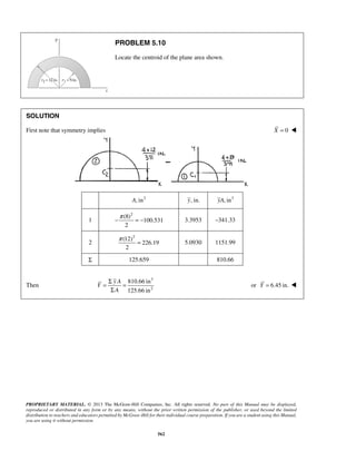 PROBLEM 5.10 
Locate the centroid of the plane area shown. 
−π = − 3.3953 –341.33 
π = 5.0930 1151.99 
= Σ = 
Σ 
PROPRIETARY MATERIAL. © 2013 The McGraw-Hill Companies, Inc. All rights reserved. No part of this Manual may be displayed, 
reproduced or distributed in any form or by any means, without the prior written permission of the publisher, or used beyond the limited 
distribution to teachers and educators permitted by McGraw-Hill for their individual course preparation. If you are a student using this Manual, 
you are using it without permission. 
562 
SOLUTION 
First note that symmetry implies X = 0  
A, in2 y, in. yA, in3 
1 
(8)2 
100.531 
2 
2 
(12)2 
226.19 
2 
Σ 125.659 810.66 
Then 
3 
2 
810.66 in 
125.66 in 
y A 
Y 
A 
or Y = 6.45 in.  
 
