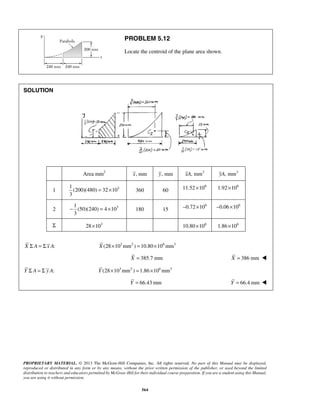 PROBLEM 5.12 
Locate the centroid of the plane area shown. 
= × 360 60 
− = × 180 15 
PROPRIETARY MATERIAL. © 2013 The McGraw-Hill Companies, Inc. All rights reserved. No part of this Manual may be displayed, 
reproduced or distributed in any form or by any means, without the prior written permission of the publisher, or used beyond the limited 
distribution to teachers and educators permitted by McGraw-Hill for their individual course preparation. If you are a student using this Manual, 
you are using it without permission. 
564 
SOLUTION 
 
Area mm2 x, mm y, mm xA, mm3 yA, mm3 
1 1 3 
(200)(480) 32 10 
3 
11.52×106 1.92×106 
2 1 3 
(50)(240) 4 10 
3 
−0.72×106 −0.06×106 
Σ 28×103 10.80×106 1.86×106 
 
X Σ A = Σ x A: X (28×103mm2 ) =10.80×106mm3 
X = 385.7 mm X = 386 mm  
Y Σ A = Σ y A: Y (28×103mm2 ) =1.86×106mm3 
Y = 66.43mm Y = 66.4 mm  
 