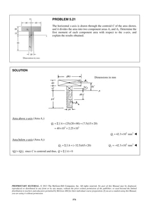 PROBLEM 5.21 
The horizontal x-axis is drawn through the centroid C of the area shown, 
and it divides the area into two component areas A1 and A2. Determine the 
first moment of each component area with respect to the x-axis, and 
explain the results obtained. 
Q = Σ y A = × + × 
= × + × 
(25)(20 80) (7.5)(15 20) 
PROPRIETARY MATERIAL. © 2013 The McGraw-Hill Companies, Inc. All rights reserved. No part of this Manual may be displayed, 
reproduced or distributed in any form or by any means, without the prior written permission of the publisher, or used beyond the limited 
distribution to teachers and educators permitted by McGraw-Hill for their individual course preparation. If you are a student using this Manual, 
you are using it without permission. 
574 
SOLUTION 
Area above x-axis (Area A1): 
1 
3 3 
40 10 2.25 10 
3 3 
1 Q = 42.3×10 mm  
Area below x-axis (Area A2): 
2 Q = Σ y A = (−32.5)(65× 20) 3 3 
2 Q = −42.3×10 mm  
1 2 |Q | = |Q |, since C is centroid and thus, Q = Σ y A = 0 
Dimensions in mm 
 