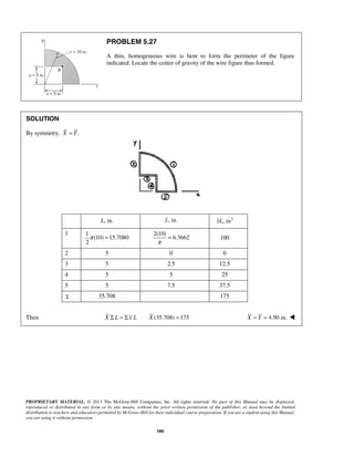 PROBLEM 5.27 
A thin, homogeneous wire is bent to form the perimeter of the figure 
indicated. Locate the center of gravity of the wire figure thus formed. 
PROPRIETARY MATERIAL. © 2013 The McGraw-Hill Companies, Inc. All rights reserved. No part of this Manual may be displayed, 
reproduced or distributed in any form or by any means, without the prior written permission of the publisher, or used beyond the limited 
distribution to teachers and educators permitted by McGraw-Hill for their individual course preparation. If you are a student using this Manual, 
you are using it without permission. 
580 
SOLUTION 
By symmetry, X = Y. 
L, in. x, in. yL, in2 
1 1 
(10) 15.7080 
2 
π = 
2(10) 
6.3662 
π 
= 100 
2 5 0 0 
3 5 2.5 12.5 
4 5 5 25 
5 5 7.5 37.5 
Σ 35.708 175 
Then X Σ L = Σ x L X (35.708) =175 X = Y = 4.90 in.  
 