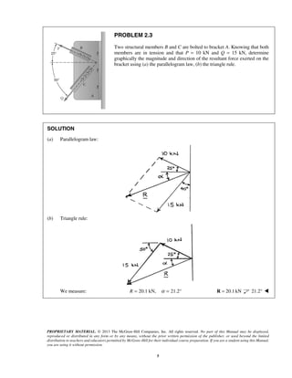 PROPRIETARY MATERIAL. © 2013 The McGraw-Hill Companies, Inc. All rights reserved. No part of this Manual may be displayed, 
reproduced or distributed in any form or by any means, without the prior written permission of the publisher, or used beyond the limited 
distribution to teachers and educators permitted by McGraw-Hill for their individual course preparation. If you are a student using this Manual, 
you are using it without permission. 
5 
PROBLEM 2.3 
Two structural members B and C are bolted to bracket A. Knowing that both 
members are in tension and that P = 10 kN and Q = 15 kN, determine 
graphically the magnitude and direction of the resultant force exerted on the 
bracket using (a) the parallelogram law, (b) the triangle rule. 
SOLUTION 
(a) Parallelogram law: 
(b) Triangle rule: 
We measure: R = 20.1 kN, α = 21.2° R = 20.1 kN 21.2°  
 