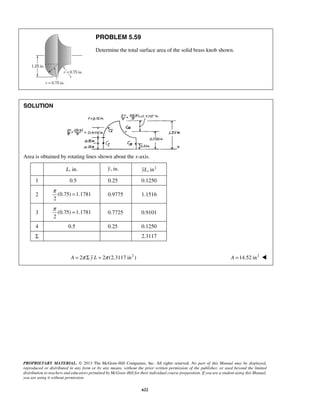 π = 0.9775 1.1516 
π = 0.7725 0.9101 
PROPRIETARY MATERIAL. © 2013 The McGraw-Hill Companies, Inc. All rights reserved. No part of this Manual may be displayed, 
reproduced or distributed in any form or by any means, without the prior written permission of the publisher, or used beyond the limited 
distribution to teachers and educators permitted by McGraw-Hill for their individual course preparation. If you are a student using this Manual, 
you are using it without permission. 
622 
PROBLEM 5.59 
Determine the total surface area of the solid brass knob shown. 
SOLUTION 
Area is obtained by rotating lines shown about the x-axis. 
L, in. y, in. yL, in2 
1 0.5 0.25 0.1250 
2 (0.75) 1.1781 
2 
3 (0.75) 1.1781 
2 
4 0.5 0.25 0.1250 
Σ 2.3117 
A = 2π Σ y L = 2π (2.3117 in2 ) A =14.52 in2  
 