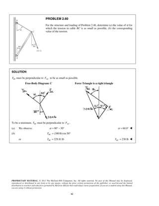 PROBLEM 2.60 
For the structure and loading of Problem 2.46, determine (a) the value of α for 
which the tension in cable BC is as small as possible, (b) the corresponding 
value of the tension. 
PROPRIETARY MATERIAL. © 2013 The McGraw-Hill Companies, Inc. All rights reserved. No part of this Manual may be displayed, 
reproduced or distributed in any form or by any means, without the prior written permission of the publisher, or used beyond the limited 
distribution to teachers and educators permitted by McGraw-Hill for their individual course preparation. If you are a student using this Manual, 
you are using it without permission. 
62 
SOLUTION 
BC T must be perpendicular to AC F to be as small as possible. 
Free-Body Diagram: C Force Triangle is a right triangle 
To be a minimum, BC T must be perpendicular to . AC F 
(a) We observe: α = 90° − 30° α = 60.0°  
(b) (300 lb)sin 50 BC T = ° 
or 229.81 lb BC T = 230 lb BC T =  
 