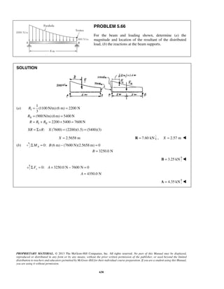 PROBLEM 5.66 
For the beam and loading shown, determine (a) the 
magnitude and location of the resultant of the distributed 
load, (b) the reactions at the beam supports. 
1 
(1100N/m) (6 m) 2200 N 
3 
(900 N/m) (6m) 5400N 
= = 
= = 
= + = + = 
Σ = − = 
PROPRIETARY MATERIAL. © 2013 The McGraw-Hill Companies, Inc. All rights reserved. No part of this Manual may be displayed, 
reproduced or distributed in any form or by any means, without the prior written permission of the publisher, or used beyond the limited 
distribution to teachers and educators permitted by McGraw-Hill for their individual course preparation. If you are a student using this Manual, 
you are using it without permission. 
630 
SOLUTION 
(a) I 
II 
I II 
2200 5400 7600N 
R 
R 
R R R 
XR = ΣxR: X (7600) = (2200)(1.5) + (5400)(3) 
X = 2.5658 m R = 7.60 kN , X = 2.57 m  
(b) 0: (6 m) (7600 N)(2.5658 m) 0 
3250.0 N 
A M B 
B 
= 
B = 3.25 kN  
0: 3250.0 N 7600 N 0 
4350.0 N 
Σ = + − = 
= 
Fy A 
A 
A = 4.35 kN  
 