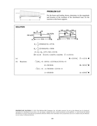 PROBLEM 5.67 
For the beam and loading shown, determine (a) the magnitude 
and location of the resultant of the distributed load, (b) the 
reactions at the beam supports. 
1 
(150lb/ft)(9 ft) 675 lb 
2 
1 
(120 lb/ft)(9ft) 540lb 
2 
= = 
= = 
= + = + = 
= Σ = + = 
PROPRIETARY MATERIAL. © 2013 The McGraw-Hill Companies, Inc. All rights reserved. No part of this Manual may be displayed, 
reproduced or distributed in any form or by any means, without the prior written permission of the publisher, or used beyond the limited 
distribution to teachers and educators permitted by McGraw-Hill for their individual course preparation. If you are a student using this Manual, 
you are using it without permission. 
631 
SOLUTION 
I 
II 
I II 
675 540 1215 lb 
: (1215) (3)(675) (6)(540) 4.3333 ft 
R 
R 
R R R 
XR x R X X 
(a) R =1215 lb X = 4.33 ft  
(b) Reactions: 0: (9 ft) (1215 lb) (4.3333 ft) 0 A ΣM = B − = 
B = 585.00 lb B = 585 lb  
0: 585.00 lb 1215 lb 0 Σ Fy = A + − = 
A = 630.00 lb A = 630 lb  
 