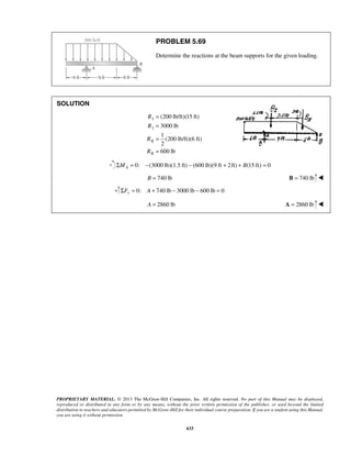 PROBLEM 5.69 
Determine the reactions at the beam supports for the given loading. 
PROPRIETARY MATERIAL. © 2013 The McGraw-Hill Companies, Inc. All rights reserved. No part of this Manual may be displayed, 
reproduced or distributed in any form or by any means, without the prior written permission of the publisher, or used beyond the limited 
distribution to teachers and educators permitted by McGraw-Hill for their individual course preparation. If you are a student using this Manual, 
you are using it without permission. 
633 
SOLUTION 
I 
I 
II 
II 
(200 lb/ft)(15 ft) 
3000 lb 
1 
(200 lb/ft)(6 ft) 
2 
600 lb 
R 
R 
R 
R 
= 
= 
= 
= 
0: (3000 lb)(1.5 ft) ΣMA = − − (600 lb)(9 ft + 2ft) + B(15 ft) = 0 
B = 740 lb B = 740 lb  
0: 740 lb 3000 lb 600 lb 0 ΣFy = A + − − = 
A = 2860 lb A = 2860 lb  
 