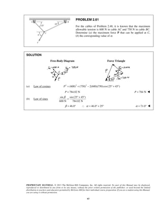 PROBLEM 2.61 
For the cables of Problem 2.48, it is known that the maximum 
allowable tension is 600 N in cable AC and 750 N in cable BC. 
Determine (a) the maximum force P that can be applied at C, 
(b) the corresponding value of α. 
β = ° + ° 
β = 46.0° ∴ α = 46.0° + 25° α = 71.0°  
PROPRIETARY MATERIAL. © 2013 The McGraw-Hill Companies, Inc. All rights reserved. No part of this Manual may be displayed, 
reproduced or distributed in any form or by any means, without the prior written permission of the publisher, or used beyond the limited 
distribution to teachers and educators permitted by McGraw-Hill for their individual course preparation. If you are a student using this Manual, 
you are using it without permission. 
63 
SOLUTION 
Free-Body Diagram Force Triangle 
(a) Law of cosines P2 = (600)2 + (750)2 − 2(600)(750) cos (25° + 45°) 
P = 784.02 N P = 784 N  
(b) Law of sines 
sin sin (25 45 ) 
600 N 784.02 N 
 