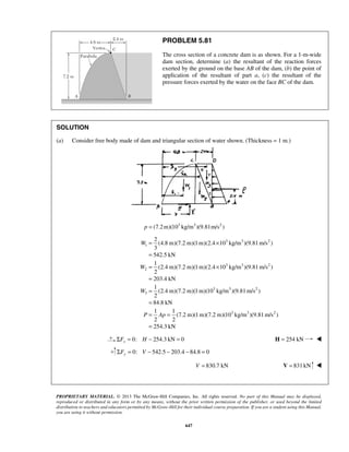 PROBLEM 5.81 
The cross section of a concrete dam is as shown. For a 1-m-wide 
dam section, determine (a) the resultant of the reaction forces 
exerted by the ground on the base AB of the dam, (b) the point of 
application of the resultant of part a, (c) the resultant of the 
pressure forces exerted by the water on the face BC of the dam. 
SOLUTION 
(a) Consider free body made of dam and triangular section of water shown. (Thickness = 1 m.) 
p = (7.2m)(103 kg/m3 )(9.81m/s2 ) 
2 
(4.8 m)(7.2 m)(1m)(2.4 10 kg/m )(9.81m/s ) 
3 
542.5 kN 
1 
(2.4 m)(7.2 m)(1m)(2.4 10 kg/m )(9.81m/s ) 
2 
203.4 kN 
1 
(2.4 m)(7.2 m)(1 m)(10 kg/m )(9.81m/s ) 
2 
84.8 kN 
1 1 
= × 
= 
= × 
= 
= 
= 
= = 
= 
PROPRIETARY MATERIAL. © 2013 The McGraw-Hill Companies, Inc. All rights reserved. No part of this Manual may be displayed, 
reproduced or distributed in any form or by any means, without the prior written permission of the publisher, or used beyond the limited 
distribution to teachers and educators permitted by McGraw-Hill for their individual course preparation. If you are a student using this Manual, 
you are using it without permission. 
647 
3 3 2 
1 
3 3 2 
2 
3 3 2 
3 
3 3 2 
(7.2 m)(1m)(7.2 m)(10 kg/m )(9.81m/s ) 
2 2 
W 
W 
W 
P Ap 
254.3 kN 
0: 254.3 kN 0 xΣF = H − = H = 254 kN  
0: 542.5 203.4 84.8 0 ΣFy = V − − − = 
V = 830.7 kN V = 831 kN  
 
