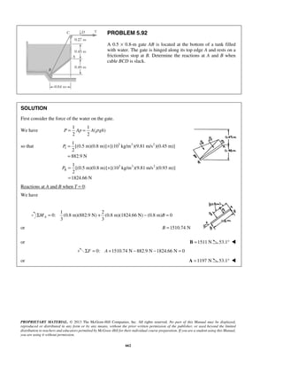 PROBLEM 5.92 
A 0.5 × 0.8-m gate AB is located at the bottom of a tank filled 
with water. The gate is hinged along its top edge A and rests on a 
frictionless stop at B. Determine the reactions at A and B when 
cable BCD is slack. 
P = Ap = A ρ gh 
3 3 AΣM = − B = 
PROPRIETARY MATERIAL. © 2013 The McGraw-Hill Companies, Inc. All rights reserved. No part of this Manual may be displayed, 
reproduced or distributed in any form or by any means, without the prior written permission of the publisher, or used beyond the limited 
distribution to teachers and educators permitted by McGraw-Hill for their individual course preparation. If you are a student using this Manual, 
you are using it without permission. 
662 
SOLUTION 
First consider the force of the water on the gate. 
We have 
1 1 
( ) 
2 2 
so that 3 3 2 
I 
1 
[(0.5 m)(0.8 m)] [(10 kg/m )(9.81 m/s )(0.45 m)] 
2 
882.9 N 
P= × 
= 
3 3 2 
II 
1 
[(0.5 m)(0.8 m)] [(10 kg/m )(9.81 m/s )(0.93 m)] 
2 
1824.66 N 
P= × 
= 
Reactions at A and B when T = 0: 
We have 
1 2 
0: (0.8 m)(882.9 N) + (0.8 m)(1824.66 N) (0.8 m) 0 
or B =1510.74 N 
or B =1511 N 53.1°  
ΣF = 0: A +1510.74 N − 882.9 N −1824.66 N = 0 
or A =1197 N 53.1°  
 