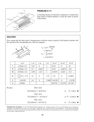 PROBLEM 5.111 
A mounting bracket for electronic components is formed from 
sheet metal of uniform thickness. Locate the center of gravity 
of the bracket. 
SOLUTION 
First, assume that the sheet metal is homogeneous so that the center of gravity of the bracket coincides with 
the centroid of the corresponding area. Then (see diagram) 
V 
4(0.625) 
= − 
= 
= − 
= − 
−  = −   
  
Y A yA 
Z A zA 
PROPRIETARY MATERIAL. © 2013 The McGraw-Hill Companies, Inc. All rights reserved. No part of this Manual may be displayed, 
reproduced or distributed in any form or by any means, without the prior written permission of the publisher, or used beyond the limited 
distribution to teachers and educators permitted by McGraw-Hill for their individual course preparation. If you are a student using this Manual, 
you are using it without permission. 
686 
2 
V 
2 
2.25 
3 
1.98474 in. 
(0.625) 
2 
0.61359 in 
z 
A 
π 
π 
A, in2 x, in. y, in. z , in. xA, in3 yA, in3 zA, in3 
I (2.5)(6) = 15 1.25 0 3 18.75 0 45 
II (1.25)(6) = 7.5 2.5 –0.625 3 18.75 –4.6875 22.5 
III (0.75)(6) = 4.5 2.875 –1.25 3 12.9375 –5.625 13.5 
IV 
5 
(3) 3.75 
4 
1.0 0 3.75 3.75 0 –14.0625 
V −0.61359 1.0 0 1.98474 0.61359 0 –1.21782 
Σ 22.6364 46.0739 10.3125 65.7197 
We have X ΣA = ΣxA 
X(22.6364 in2 ) = 46.0739 in3 or X = 2.04 in.  
(22.6364 in2 ) 10.3125 in3 
Y 
Σ =Σ 
= − or Y = −0.456 in.  
(22.6364 in2 ) 65.7197 in3 
Z 
Σ =Σ 
= or Z = 2.90 in.  
 