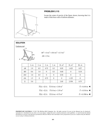 PROBLEM 5.115 
Locate the center of gravity of the figure shown, knowing that it is 
made of thin brass rods of uniform diameter. 
PROPRIETARY MATERIAL. © 2013 The McGraw-Hill Companies, Inc. All rights reserved. No part of this Manual may be displayed, 
reproduced or distributed in any form or by any means, without the prior written permission of the publisher, or used beyond the limited 
distribution to teachers and educators permitted by McGraw-Hill for their individual course preparation. If you are a student using this Manual, 
you are using it without permission. 
691 
SOLUTION 
Uniform rod: 
AB2 = (1m)2 + (0.6 m)2 + (1.5 m)2 
AB =1.9 m 
L, m x, m y, m z , m xL, m2 yL, m2 ΣL, m 
AB 1.9 0.5 0.75 0.3 0.95 1.425 0.57 
BD 0.6 1.0 0 0.3 0.60 0 0.18 
DO 1.0 0.5 0 0 0.50 0 0 
OA 1.5 0 0.75 0 0 1.125 0 
Σ 5.0 2.05 2.550 0.75 
X ΣL = Σx L: X (5.0 m) = 2.05 m2 X = 0.410 m  
Y ΣL = Σ y L: Y (5.0 m) = 2.55 m2 Y = 0.510 m  
Z ΣL = Σz L: Z (5.0 m) = 0.75 m2 Z = 0.1500 m  
 