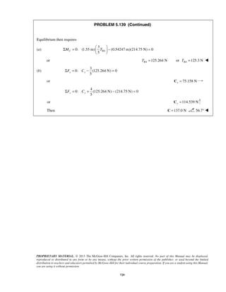 PROBLEM 5.139 (Continued) 
Σ =   − =   
5 x x ΣF = C − = 
5 y y ΣF = C + − = 
PROPRIETARY MATERIAL. © 2013 The McGraw-Hill Companies, Inc. All rights reserved. No part of this Manual may be displayed, 
reproduced or distributed in any form or by any means, without the prior written permission of the publisher, or used beyond the limited 
distribution to teachers and educators permitted by McGraw-Hill for their individual course preparation. If you are a student using this Manual, 
you are using it without permission. 
729 
Equilibrium then requires 
(a) 
3 
0: (1.55 m) (0.54247 m)(214.75 N) 0 
5 MC TBA 
  
or 125.264 N BA T = or 125.3 N BA T =  
(b) 
3 
0: (125.264 N) 0 
or 75.158 N x C = 
4 
0: (125.264 N) (214.75 N) 0 
or 114.539 N y C = 
Then C =137.0 N 56.7°  
 