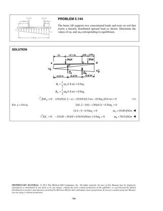 PROBLEM 5.144 
The beam AB supports two concentrated loads and rests on soil that 
exerts a linearly distributed upward load as shown. Determine the 
values of ω A and ω B corresponding to equilibrium. 
= = 
= = 
PROPRIETARY MATERIAL. © 2013 The McGraw-Hill Companies, Inc. All rights reserved. No part of this Manual may be displayed, 
reproduced or distributed in any form or by any means, without the prior written permission of the publisher, or used beyond the limited 
distribution to teachers and educators permitted by McGraw-Hill for their individual course preparation. If you are a student using this Manual, 
you are using it without permission. 
734 
SOLUTION 
I 
II 
1 
(1.8 m) 0.9 
2 
1 
(1.8 m) 0.9 
2 
A A 
B B 
R 
R 
ω ω 
ω ω 
0: (24 kN)(ΣMD = 1.2 − a) − (30 kN)(0.3 m) − (0.9ωA )(0.6 m) = 0 (1) 
For a = 0.6 m, 24(1.2 0.6) (30)(0.3) 0.54 0 a ω 
− − − = 
14.4 9 0.54 0 A − − ω = 10.00 kN/m A ω =  
0: 24 kN 30 kN 0.9(10 kN/m) 0.9 0 ΣFy = − − + + ωB = 50.0 kN/m B ω =  
 