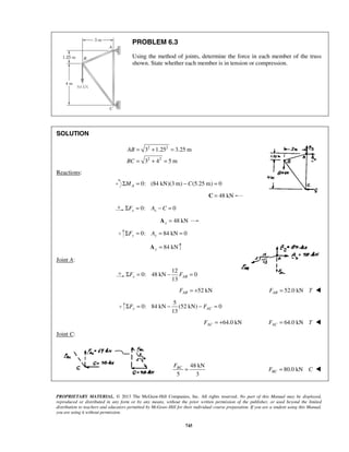3 1.25 3.25 m 
3 4 5m 
13 x AB ΣF = − F = 
13 y AC ΣF = − − F = 
FBC = 80.0 kN BC F = C  
PROPRIETARY MATERIAL. © 2013 The McGraw-Hill Companies, Inc. All rights reserved. No part of this Manual may be displayed, 
reproduced or distributed in any form or by any means, without the prior written permission of the publisher, or used beyond the limited 
distribution to teachers and educators permitted by McGraw-Hill for their individual course preparation. If you are a student using this Manual, 
you are using it without permission. 
745 
PROBLEM 6.3 
Using the method of joints, determine the force in each member of the truss 
shown. State whether each member is in tension or compression. 
SOLUTION 
2 2 
2 2 
AB 
BC 
= + = 
= + = 
Reactions: 
0: ΣMA = (84 kN)(3 m) − C(5.25 m) = 0 
C = 48 kN 
0: 0 x x ΣF = A − C = 
48 kN x A = 
0: 84 kN 0 ΣFy = Ay = = 
84 kN y A = 
Joint A: 
12 
0: 48 kN 0 
52 kN AB F = + 52.0 kN AB F = T  
5 
0: 84 kN (52 kN) 0 
64.0 kN AC F = + 64.0 kN AC F = T  
Joint C: 
48 kN 
5 3 
 