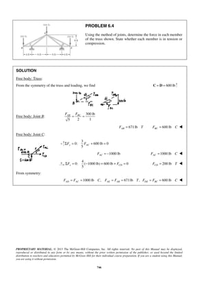 PROBLEM 6.4 
Using the method of joints, determine the force in each member 
of the truss shown. State whether each member is in tension or 
compression. 
SOLUTION 
Free body: Truss: 
From the symmetry of the truss and loading, we find C = D = 600 lb 
AB BC F F = = 
5 y AC ΣF = F + = 
5 x CD ΣF = − + + F = 200 lb CD F = T  
PROPRIETARY MATERIAL. © 2013 The McGraw-Hill Companies, Inc. All rights reserved. No part of this Manual may be displayed, 
reproduced or distributed in any form or by any means, without the prior written permission of the publisher, or used beyond the limited 
distribution to teachers and educators permitted by McGraw-Hill for their individual course preparation. If you are a student using this Manual, 
you are using it without permission. 
746 
Free body: Joint B: 
300 lb 
5 2 1 
671 lb AB F = T 600 lb BC F = C  
Free body: Joint C: 
3 
0: 600 lb 0 
1000 lb AC F = − 1000 lb AC F = C  
4 
0: ( 1000 lb) 600 lb 0 
From symmetry: 
1000 lb , 671 lb , AD AC AE AB F = F = C F = F = T 600 lb DE BC F = F = C  
 