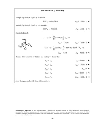 PROBLEM 6.9 (Continued) 
25 25 x DF ΣF = + F = 
25 25 y DE ΣF = − − − − F = 
PROPRIETARY MATERIAL. © 2013 The McGraw-Hill Companies, Inc. All rights reserved. No part of this Manual may be displayed, 
reproduced or distributed in any form or by any means, without the prior written permission of the publisher, or used beyond the limited 
distribution to teachers and educators permitted by McGraw-Hill for their individual course preparation. If you are a student using this Manual, 
you are using it without permission. 
755 
Multiply Eq. (1) by 3, Eq. (2) by 4, and add: 
100FBD = −120,000 lb FBD =1200 lb C  
Multiply Eq. (1) by 7, Eq. (2) by –24, and add: 
500 30,000 lb BE F = − 60.0 lb BE F = C  
Free body: Joint D: 
24 24 
0: (1200 lb) 0 
1200 lb DF F = − 1200 lb DF F = C  
7 7 
0: (1200 lb) ( 1200 lb) 600 lb 0 
72.0 lb DE F = 72.0 lb DE F = T  
Because of the symmetry of the truss and loading, we deduce that 
= EF BE F F 60.0 lb EF F = C  
EG CE F = F 1200 lb EG F = T  
FG BC F = F 0 FG F =  
FH AB F = F 1500 lb FH F = C  
GH AC F = F 1200 lb GH F = T  
Note: Compare results with those of Problem 6.11. 
 