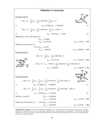 PROBLEM 6.13 (Continued) 
5 5 2 ΣFx = FBD + + FBC = 
5 5 2 ΣFy = FBD + − FBC − = 
F 
F 
F 
F 
5 2 ΣFy = FCD − = 
2 5 ΣFx = FCE − + + = 
5 2 5 5 ΣFx = FDF + FDE + − = 
5 2 5 5 ΣFy = FDF − FDE + − − = 
PROPRIETARY MATERIAL. © 2013 The McGraw-Hill Companies, Inc. All rights reserved. No part of this Manual may be displayed, 
reproduced or distributed in any form or by any means, without the prior written permission of the publisher, or used beyond the limited 
distribution to teachers and educators permitted by McGraw-Hill for their individual course preparation. If you are a student using this Manual, 
you are using it without permission. 
763 
Free body: Joint B: 
2 2 1 
0: (7.8262 kN) 0 
or 0.79057 7.8262 kN BD BC F + F = − (1) 
1 1 1 
0: (7.8262 kN) 2 kN 0 
or 1.58114 3.3541 BD BC F − F = − (2) 
Multiply Eq. (1) by 2 and add Eq. (2): 
3 19.0065 
6.3355 kN 
BD 
BD 
= − 
= − 6.34 kN BD F = C  
Subtract Eq. (2) from Eq. (1): 
2.37111 4.4721 
1.8861kN 
BC 
BC 
= − 
= − 1.886 kN BCF = C  
Free body: Joint C: 
2 1 
0: (1.8861kN) 0 
1.4911kN CD F = + 1.491kN CD F = T  
1 1 
0: 7.00 kN (1.8861kN) (1.4911 kN) 0 
5.000 kN CE F = + 5.00 kN CE F = T  
Free body: Joint D: 
2 1 2 1 
0: (6.3355 kN) (1.4911kN) 0 
or 0.79057 5.5900 kN DF DE F + F = − (1) 
1 1 1 2 
0: (6.3355 kN) (1.4911kN) 2 kN 0 
or 0.79057 1.1188 kN DF DE F − F = − (2) 
Add Eqs. (1) and (2): 2 6.7088 kN DF F = − 
3.3544 kN DF F = − 3.35 kN DF F = C  
Subtract Eq. (2) from Eq. (1): 1.58114 4.4712 kN DE F = − 
2.8278 kN DE F = − 2.83 kN DE F = C  
 
