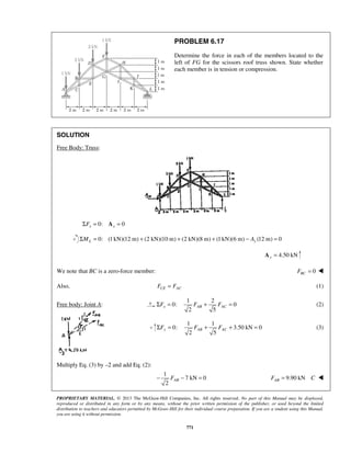 PROBLEM 6.17 
Determine the force in each of the members located to the 
left of FG for the scissors roof truss shown. State whether 
each member is in tension or compression. 
2 5 ΣFx = FAB + FAC = (2) 
2 5 ΣFy = FAB + FAC + = (3) 
2 − FAB − = 9.90 kN AB F = C  
PROPRIETARY MATERIAL. © 2013 The McGraw-Hill Companies, Inc. All rights reserved. No part of this Manual may be displayed, 
reproduced or distributed in any form or by any means, without the prior written permission of the publisher, or used beyond the limited 
distribution to teachers and educators permitted by McGraw-Hill for their individual course preparation. If you are a student using this Manual, 
you are using it without permission. 
771 
SOLUTION 
Free Body: Truss: 
ΣFx = 0: Ax = 0 
0: (1kN)(12 m) (2 kN)(10 m) (2 kN)(8 m) (1 kN)(6 m) (12 m) 0 ΣML = + + + − Ay = 
4.50 kN y A = 
We note that BC is a zero-force member: 0 BC F =  
Also, CE AC F = F (1) 
Free body: Joint A: 
1 2 
0: 0 
1 1 
0: 3.50 kN 0 
Multiply Eq. (3) by –2 and add Eq. (2): 
1 
7 kN 0 
 