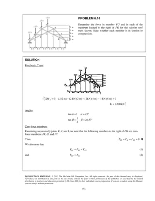 PROBLEM 6.18 
Determine the force in member FG and in each of the 
members located to the right of FG for the scissors roof 
truss shown. State whether each member is in tension or 
compression. 
α α 
β β 
= = ° 
= = ° 
PROPRIETARY MATERIAL. © 2013 The McGraw-Hill Companies, Inc. All rights reserved. No part of this Manual may be displayed, 
reproduced or distributed in any form or by any means, without the prior written permission of the publisher, or used beyond the limited 
distribution to teachers and educators permitted by McGraw-Hill for their individual course preparation. If you are a student using this Manual, 
you are using it without permission. 
773 
SOLUTION 
Free body: Truss: 
0: (12 m) (2 kN)(2 m) ΣMA = L − − (2kN)(4 m) − (1 kN)(6 m) = 0 
L =1.500 kN 
Angles: 
tan 1 45 
1 
tan 26.57 
2 
Zero-force members: 
Examining successively joints K, J, and I, we note that the following members to the right of FG are zero-force 
members: JK, IJ, and HI. 
Thus, 0 HI IJ JK F = F = F =  
We also note that 
GI IK KL F = F = F (1) 
and HJ JL F = F (2) 
 