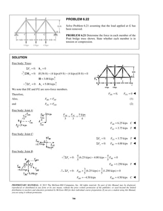 PROBLEM 6.22 
Solve Problem 6.21 assuming that the load applied at G has 
been removed. 
PROBLEM 6.21 Determine the force in each member of the 
Pratt bridge truss shown. State whether each member is in 
tension or compression. 
AB AC F F = = 
5 5 x BE ΣF = − − F = 
5 5 x BD ΣF = F + + =  
PROPRIETARY MATERIAL. © 2013 The McGraw-Hill Companies, Inc. All rights reserved. No part of this Manual may be displayed, 
reproduced or distributed in any form or by any means, without the prior written permission of the publisher, or used beyond the limited 
distribution to teachers and educators permitted by McGraw-Hill for their individual course preparation. If you are a student using this Manual, 
you are using it without permission. 
780 
SOLUTION 
Free body: Truss: 
ΣFx = 0: Ax = 0 
0: (36 ft) (4 kips)(9 ft) (4 kips)(18 ft) 0 A ΣM = H − − = 
H = 3.00 kips 
0: 5.00 kips ΣFy = Ay + 
We note that DE and FG are zero-force members. 
Therefore, 0, DE F = 0 FG F =  
Also, BD DF F = F (1) 
and EG GH F = F (2) 
Free body: Joint A: 
5 kips 
5 3 4 
6.25 kips AB F = C  
3.75 kips AC F = T  
 
Free body: Joint C: 
0: x ΣF = 3.75 kips CE F = T  
0: ΣFy = 4.00 kips BCF = T  
Free body: Joint B: 
4 4 
0: (6.25 kips) 4.00 kips 0 
1.250 kips BEF = T  
3 3 
0: (6.25 kips) (1.250 kips) 0 
4.50 kips BD F = − 4.50 kips BDF = C  
 