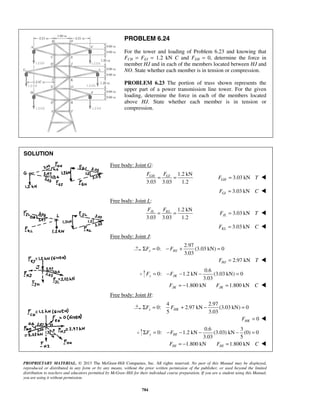 PROBLEM 6.24 
For the tower and loading of Problem 6.23 and knowing that 
FCH = FEJ = 1.2 kN C and FEH = 0, determine the force in 
member HJ and in each of the members located between HJ and 
NO. State whether each member is in tension or compression. 
PROBLEM 6.23 The portion of truss shown represents the 
upper part of a power transmission line tower. For the given 
loading, determine the force in each of the members located 
above HJ. State whether each member is in tension or 
compression. 
FGH FGI = = 3.03 kN GH F = T  
JL = KL = F F 
Σ = − + = x HJ F F 
3.03 y JK F = −F − − = 
5 3.03 x HK ΣF = F + − = 
3.03 5 y HI ΣF = −F − − − = 
PROPRIETARY MATERIAL. © 2013 The McGraw-Hill Companies, Inc. All rights reserved. No part of this Manual may be displayed, 
reproduced or distributed in any form or by any means, without the prior written permission of the publisher, or used beyond the limited 
distribution to teachers and educators permitted by McGraw-Hill for their individual course preparation. If you are a student using this Manual, 
you are using it without permission. 
784 
SOLUTION 
Free body: Joint G: 
1.2 kN 
3.03 3.03 1.2 
3.03 kN GI F = C  
Free body: Joint L: 
1.2 kN 
3.03 3.03 1.2 
3.03 kN JLF = T  
3.03 kN KL F = C  
Free body: Joint J: 
2.97 
0: (3.03 kN) 0 
3.03 
2.97 kN HJ F = T  
0.6 
0: 1.2 kN (3.03 kN) 0 
1.800 kN JK F = − 1.800 kN JKF = C  
Free body: Joint H: 
4 2.97 
0: 2.97 kN (3.03 kN) 0 
0 HK F =  
0.6 3 
0: 1.2 kN (3.03) kN (0) 0 
1.800 kN HI F = − 1.800 kN HI F = C  
 