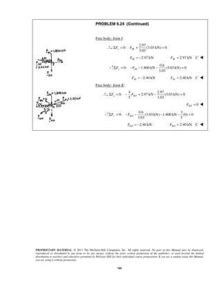PROBLEM 6.24 (Continued) 
Free body: Joint I: 
3.03 ΣFx = FIK + = 
3.03 y IN ΣF = −F − − = 
5 3.03 x KN ΣF = − F + − = 
3.03 5 y KO ΣF = −F − − − = 
PROPRIETARY MATERIAL. © 2013 The McGraw-Hill Companies, Inc. All rights reserved. No part of this Manual may be displayed, 
reproduced or distributed in any form or by any means, without the prior written permission of the publisher, or used beyond the limited 
distribution to teachers and educators permitted by McGraw-Hill for their individual course preparation. If you are a student using this Manual, 
you are using it without permission. 
785 
2.97 
0: (3.03 kN) 0 
2.97 kN IK F = − 2.97 kN IKF = C  
0.6 
0: 1.800 kN (3.03 kN) 0 
2.40 kN IN F = − 2.40 kN INF = C  
Free body: Joint K: 
4 2.97 
0: 2.97 kN (3.03 kN) 0 
0 KN F =  
0.6 3 
0: (3.03 kN) 1.800 kN (0) 0 
2.40 kN KO F = − 2.40 kN KO F = C  
 