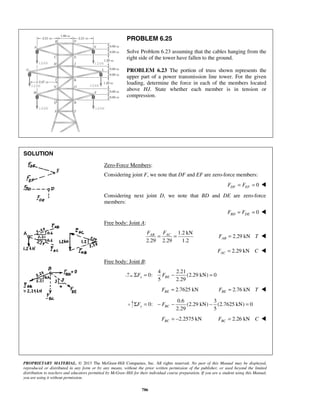 PROBLEM 6.25 
Solve Problem 6.23 assuming that the cables hanging from the 
right side of the tower have fallen to the ground. 
PROBLEM 6.23 The portion of truss shown represents the 
upper part of a power transmission line tower. For the given 
loading, determine the force in each of the members located 
above HJ. State whether each member is in tension or 
compression. 
AB AC F F = = 2.29 kN AB F = T  
Σ = − = x BE F F 
2.29 5 y BC ΣF = − F − − = 
PROPRIETARY MATERIAL. © 2013 The McGraw-Hill Companies, Inc. All rights reserved. No part of this Manual may be displayed, 
reproduced or distributed in any form or by any means, without the prior written permission of the publisher, or used beyond the limited 
distribution to teachers and educators permitted by McGraw-Hill for their individual course preparation. If you are a student using this Manual, 
you are using it without permission. 
786 
SOLUTION 
Zero-Force Members: 
Considering joint F, we note that DF and EF are zero-force members: 
= = 0 DF EF F F  
Considering next joint D, we note that BD and DE are zero-force 
members: 
0 BD DE F = F =  
Free body: Joint A: 
1.2 kN 
2.29 2.29 1.2 
2.29 kN AC F = C  
Free body: Joint B: 
4 2.21 
0: (2.29 kN) 0 
5 2.29 
2.7625 kN BE F = 2.76 kN BE F = T  
0.6 3 
0: (2.29 kN) (2.7625 kN) 0 
2.2575 kN BC F = − 2.26 kN BC F = C  
 